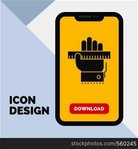 Education, hand, learn, learning, ruler Glyph Icon in Mobile for Download Page. Yellow Background. Vector EPS10 Abstract Template background