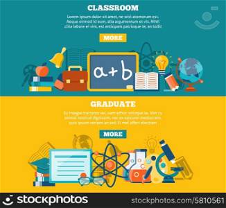 Education horizontal banner set with classroom and graduate elements isolated vector illustration. Education Banner Set