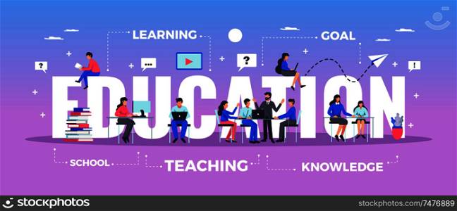 Education horizontal typography banner set with learning and knowledge symbols flat vector illustration