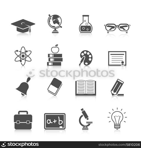 Education icon black set with graduation certificate palette bell microscope isolated vector illustration. Education Icon Set