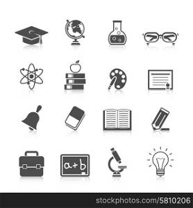 Education icon black set with graduation certificate palette bell microscope isolated vector illustration. Education Icon Set