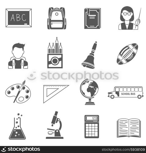 Education icons black set with globe school bus and book isolated vector illustration. Education Icons Black Set