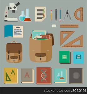 Education icons in flat style. Vector school equipment.