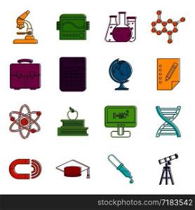 Education icons set. Doodle illustration of vector icons isolated on white background for any web design. Education icons doodle set