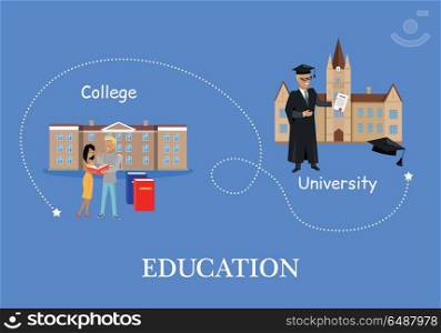 Education in College and University. Buildings Isolated. Education in college and university. Buildings isolated on white in flat style. Modern buildings for students. High educational level. Part of series of lifelong learning. Vector illustration