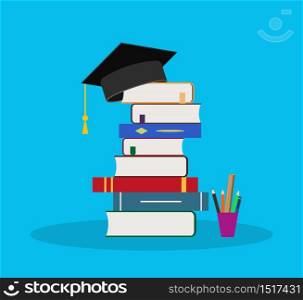 Education in school with book. Hat icon for student, university. Pile books in college for knowledge, study. Academic library for background of academy. Symbol graduate, master with diploma. Vector.. Education in school with book. Hat icon for student, university. Pile books in college for knowledge, study. Academic library for background of academy. Symbol graduate, master with diploma. Vector