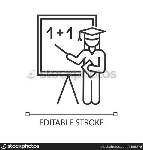 Education industry linear icon. Educational process. Pedagogy practice. Teacher giving lesson. Basic knowledge. Thin line illustration. Contour symbol. Vector isolated outline drawing. Editable stroke