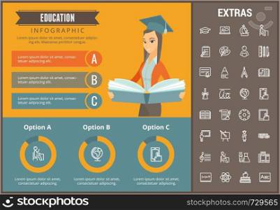 Education infographic template, elements and icons. Infograph includes customizable graphs, charts, line icon set with education certificate, university student, library books, college diploma etc.. Education infographic template, elements and icons