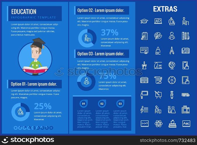 Education infographic template, elements and icons. Infograph includes customizable graphs, charts, line icon set with education certificate, university student, library books, college diploma etc.. Education infographic template, elements and icons