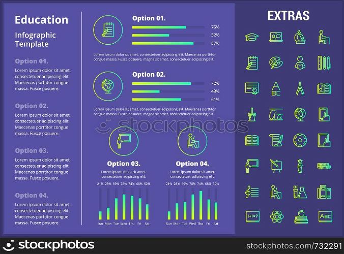 Education infographic template, elements and icons. Infograph includes customizable graphs, four options, line icon set with education certificate, university student, books, college diploma etc.. Education infographic template, elements and icons