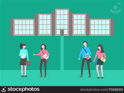 Education institution vector, students walking on campus. Woman and man holding textbooks, studying youth going to university or college, characters. Education Institution, Students Walking on Campus