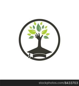 Education insurance and support logo concept. Graduation cap and hand tree icon logo. 