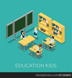Education Isometric Illustration. Education concept with kids and school on blue background isometric vector illustration