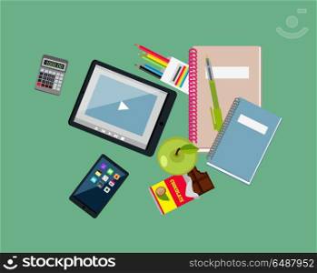 Education Items Tablet Apple Notebook and Pen. Items tablet apple notebook pen. Education icon, education concept, school education, training study, tablet and crayons, calculator and notebook, apple chocolate, education university illustration