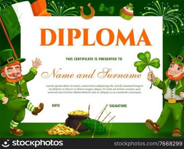 Education kids school diploma vector template for St Patricks day event with Leprechauns, pot of gold, bagpipes and lucky clover. Kindergarten certificate with golden horseshoe, cartoon award frame. Education kids school diploma for St Patricks day