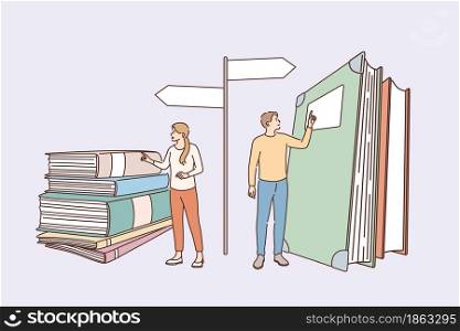 Education, knowledge and choosing profession concept. Young girl and boy standing bear books heaps choosing way of development profession speciality vector illustration . Education, knowledge and choosing profession concept