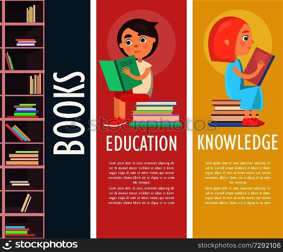 Education, knowledge and color books in brown bookcase vector illustration. Reading kids holds exciting printed story and sits on pile of literature.. Education, Knowledge and Books in Brown Bookcase