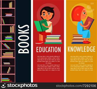 Education, knowledge and color books in brown bookcase vector illustration. Reading kids holds exciting printed story and sits on pile of literature.. Education, Knowledge and Books in Brown Bookcase