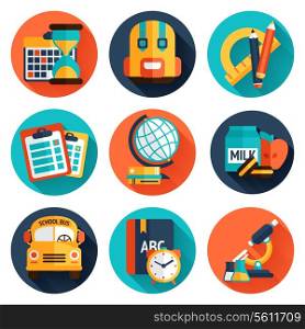 Education knowledge science college and school supplies flat icons set isolated vector illustration