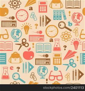 Education knowledge seamless wallpaper with school supplies book backpack vector illustration