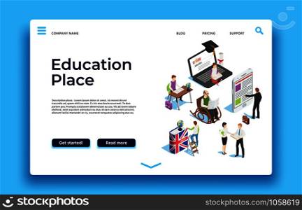 Education landing page. Isometric people learning with ebooks smatphones and laptops. School distance media library homepage website development or university online course. Vector web design. Education landing page. Isometric people learning with ebooks smatphones and laptops. Vector web design