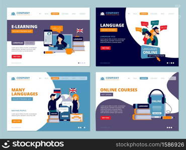 Education landing. Web trainings language courses tutorials wireframe ui template flat characters vector business landing pages. Illustration of web e-learning, training language. Education landing. Web trainings language courses tutorials wireframe ui template flat characters vector business landing pages