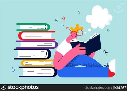 Education, learning and reading books concept. Smiling boy cartoon character sitting reading book with interest leaning on heap of books vector illustration . Education, learning and reading books concept.