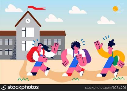 Education, learning, Back to school concept. Group of smiling pupils boys and girl walking beat school building greeting each other feeling positive and happy vector illustration . Education, learning, Back to school concept