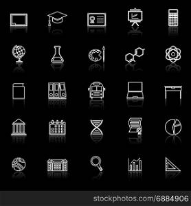 Education line icons with reflect on black background, stock vector