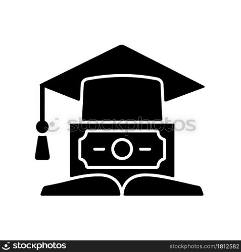 Education loan black glyph icon. Student credit. Scholarship for college. Financial literacy. Understanding finance and economy. Silhouette symbol on white space. Vector isolated illustration. Education loan black glyph icon