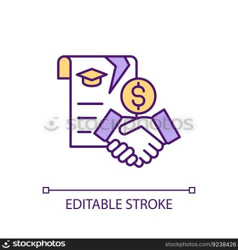 Education loan RGB color icon. Student debt. Assistance agreement. College money. Tuition fee. Bank credit. School money. Isolated vector illustration. Simple filled line drawing. Editable stroke. Education loan RGB color icon
