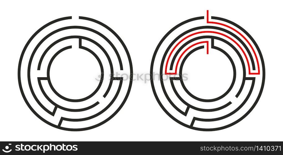 Education logic game circle labyrinth for kids. Find right way. Isolated simple round maze black line on white background. With the solution. Vector illustration.. Education logic game circle labyrinth for kids. Find right way. Isolated simple round maze black line on white background. With the solution.