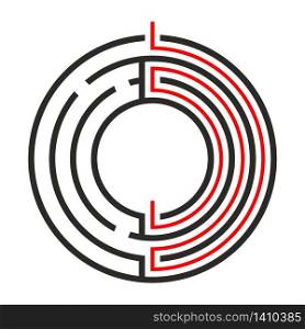 Education logic game circle labyrinth for kids. Find right way. Isolated simple round maze black line on white background. With the solution. Vector illustration.. Education logic game circle labyrinth for kids. Find right way. Isolated simple round maze black line on white background. With the solution.