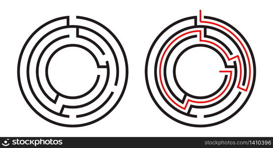 Education logic game circle labyrinth for kids. Find right way. Isolated simple round maze black line on white background. With the solution. Vector illustration.. Education logic game circle labyrinth for kids. Find right way. Isolated simple round maze black line on white background. With the solution.