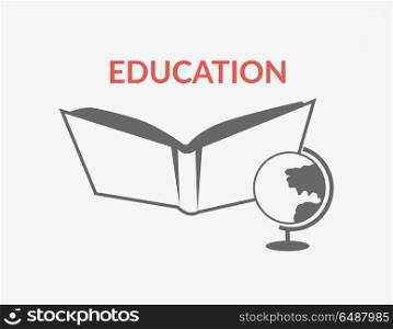 Education Logo Template. Education logo template icon. The book, next to a globe and the inscription education. Back To School concept. Vector illustration