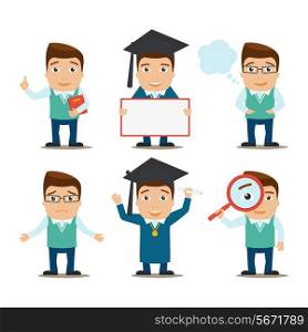 Education male characters research and graduation set isolated vector illustration