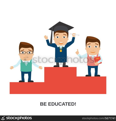 Education male teacher and student characters on winners podium vector illustration