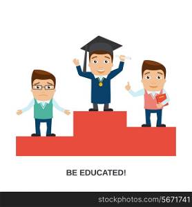 Education male teacher and student characters on winners podium vector illustration