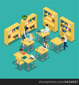 Education Middle School Classroom Isometric Banner . Education isometric banner middle school lesson situation with students and teacher in classroom abstract vector illustration