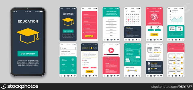 Education mobile app screens set for web templates. Pack of student login, calendar, video lessons, statistics of progress and other mockups. UI, UX, GUI user interface kit for layouts. Vector design