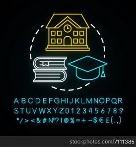 Education neon light concept icon. Knowledge transfer. Teaching, learning. School building, books, graduation cap idea. Glowing sign with alphabet, numbers and symbols. Vector isolated illustration
