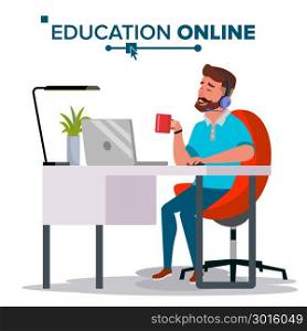 Education Online Vector. Home Online Education Service. Young Man In Headphones Working With Computer. Modern Learning Technology. Isolated Flat Cartoon illustration. Education Online Vector. Home Online Training Course. Young Handsome Man In Headphones Sitting. Modern Study Technology. Isolated Flat Cartoon illustration