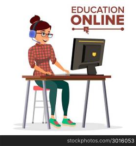 Education Online Vector. Home Online Education Service. Young Woman In Headphones Working With Computer. Modern Learning Technology. Isolated Flat Cartoon illustration. Education Online Vector. Young Handsome Woman In Headphones Sitting. Home Online Training Course. Modern Study Technology. Isolated Flat Cartoon illustration