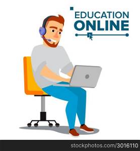 Education Online Vector. Home Online Training Course. Young Handsome Man In Headphones Sitting. Modern Study Technology. Isolated Flat Cartoon illustration. Education Online Vector. Home Online Education Service. Young Man In Headphones Working With Computer. Modern Learning Technology. Isolated Flat Cartoon illustration