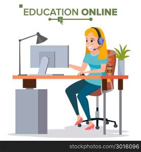 Education Online Vector. Young Handsome Woman In Headphones Sitting. Home Online Training Course. Modern Study Technology. Isolated Flat Cartoon illustration. Education Online Vector. Home Online Education Service. Young Woman In Headphones Working With Computer. Modern Learning Technology. Isolated Flat Cartoon illustration