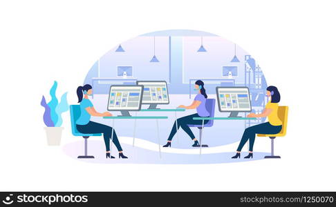 Education Online. Young Women in Headsets Sitting at Computer Monitors Learning and Gaining Knowledge Together in Special Classroom Isolated on White Background. Cartoon Flat Vector Illustration, Icon. Young Women in Headsets Sit at Computer Monitors