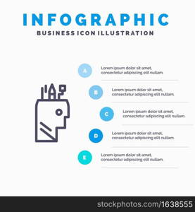 Education, Pen, Head, School Blue Infographics Template 5 Steps. Vector Line Icon template