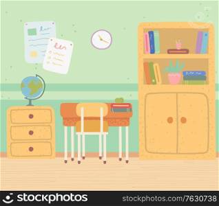 Education place, geography classroom, globe and books. Knowledge symbol, furniture in class, back to school, lessons element, nobody indoor, planet vector. Back to school concept. Flat cartoon. Geography Classroom, Globe and Book, School Vector