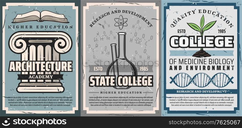 Education posters, architecture, chemistry and biology medicine, vector. Medical biology and environment development, chemical research college and architect academy higher education. Education posters, architecture, chemistry biology