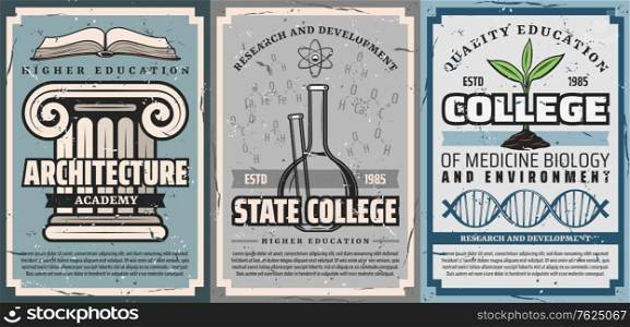 Education posters, architecture, chemistry and biology medicine, vector. Medical biology and environment development, chemical research college and architect academy higher education. Education posters, architecture, chemistry biology